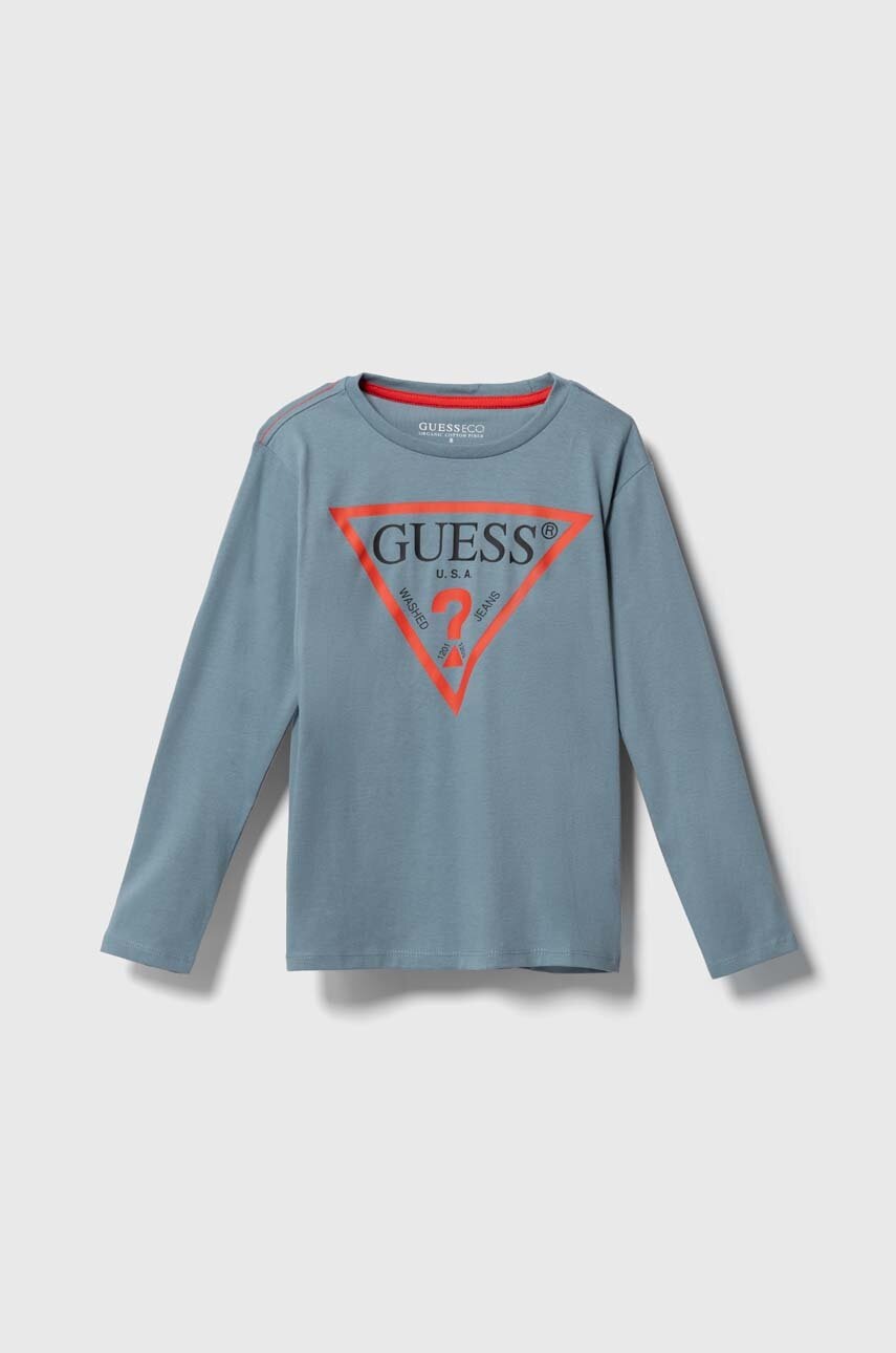 Детска блуза с дълги ръкави Guess в синьо с принт, Син